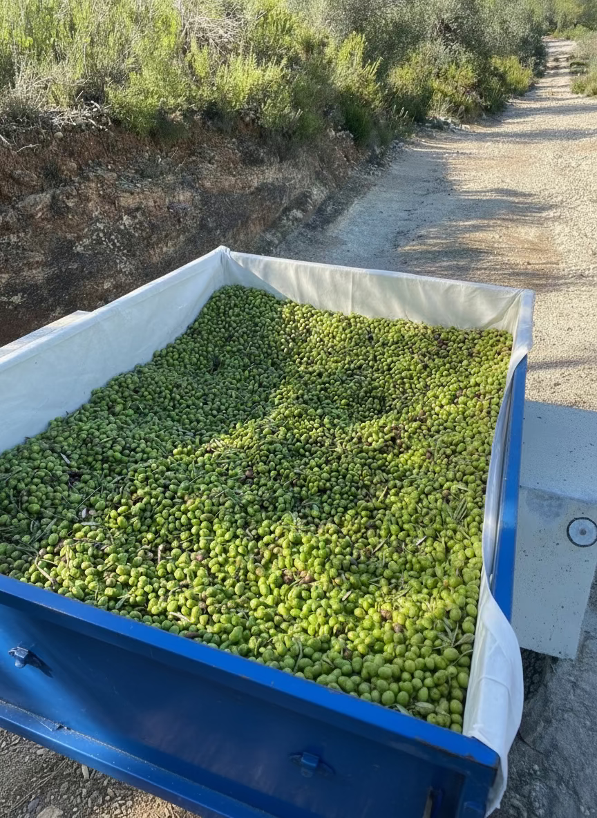 Trailer filled with green olives on a rural road